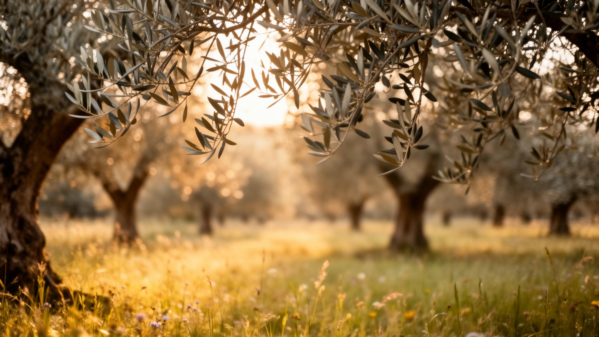 Sunlit olive grove at golden hour
